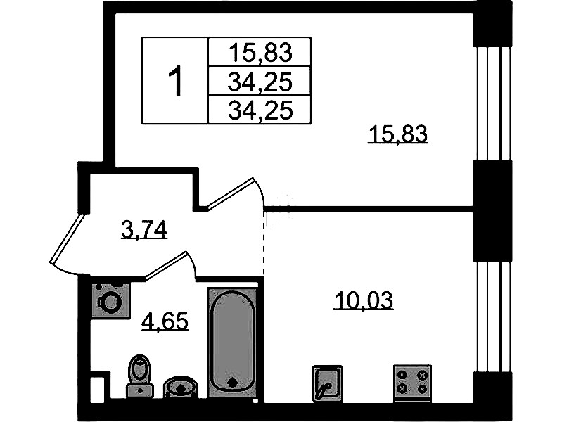 1-комнатная квартира 34.25 м², 1/5 эт., ЖК «Plus Пулковский»